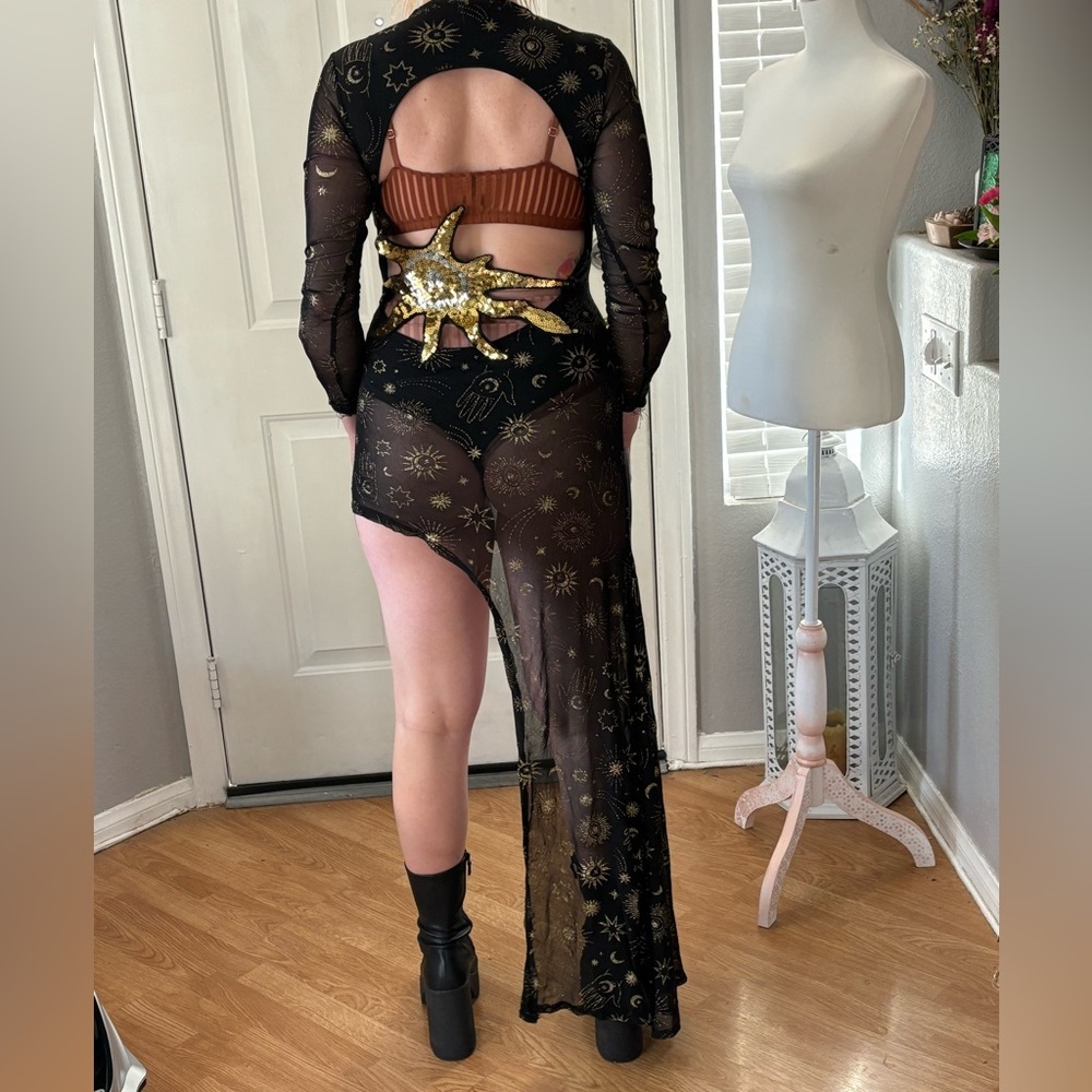 Club Exx• Dolls Kill• size large. celestial gold glitter mesh tunic w/bodysuit
